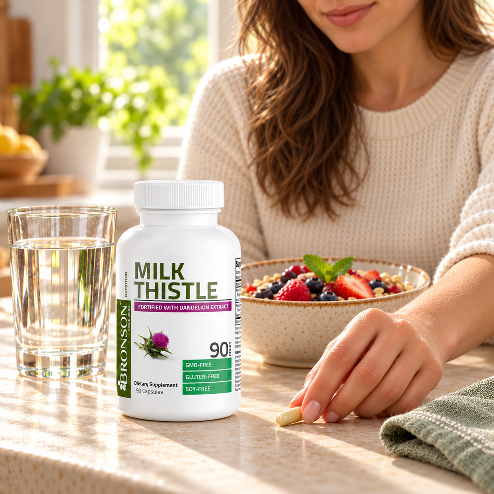 Bronson Milk Thistle con agua y una comida