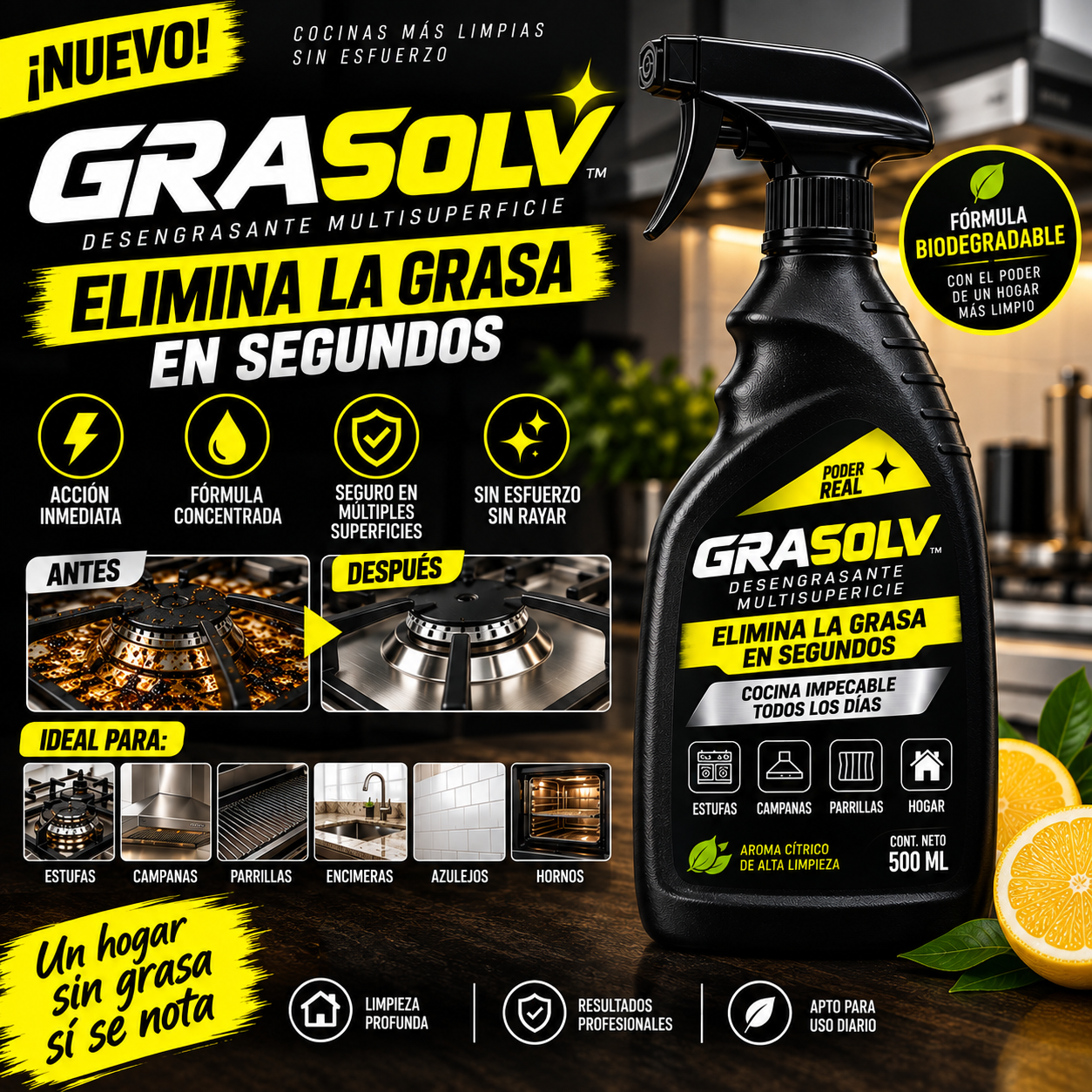 GRASOLV para estufas, hornos, parrillas, azulejos, campanas y acero inoxidable