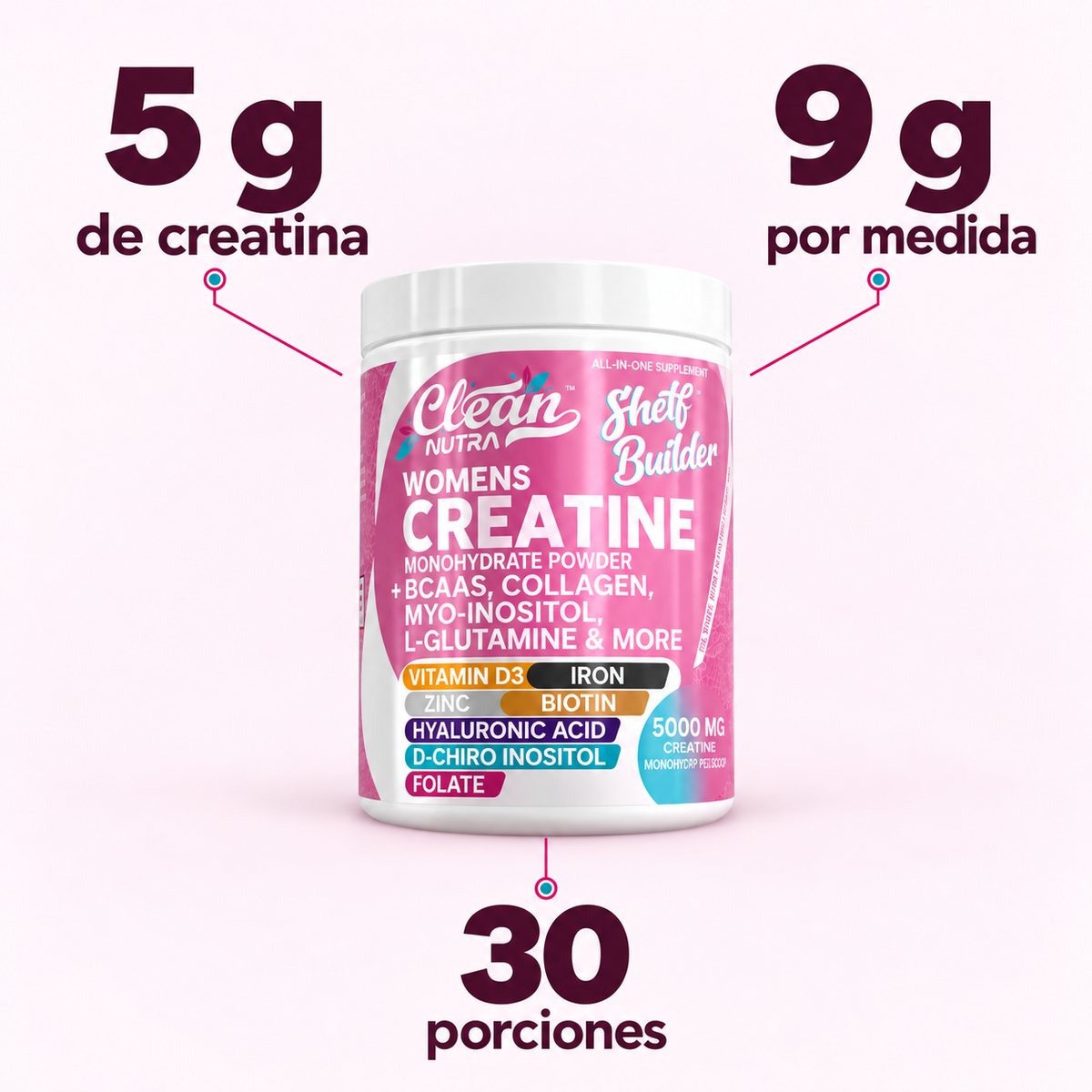 5 g de creatina, 9 g por medida y 30 porciones por tarro