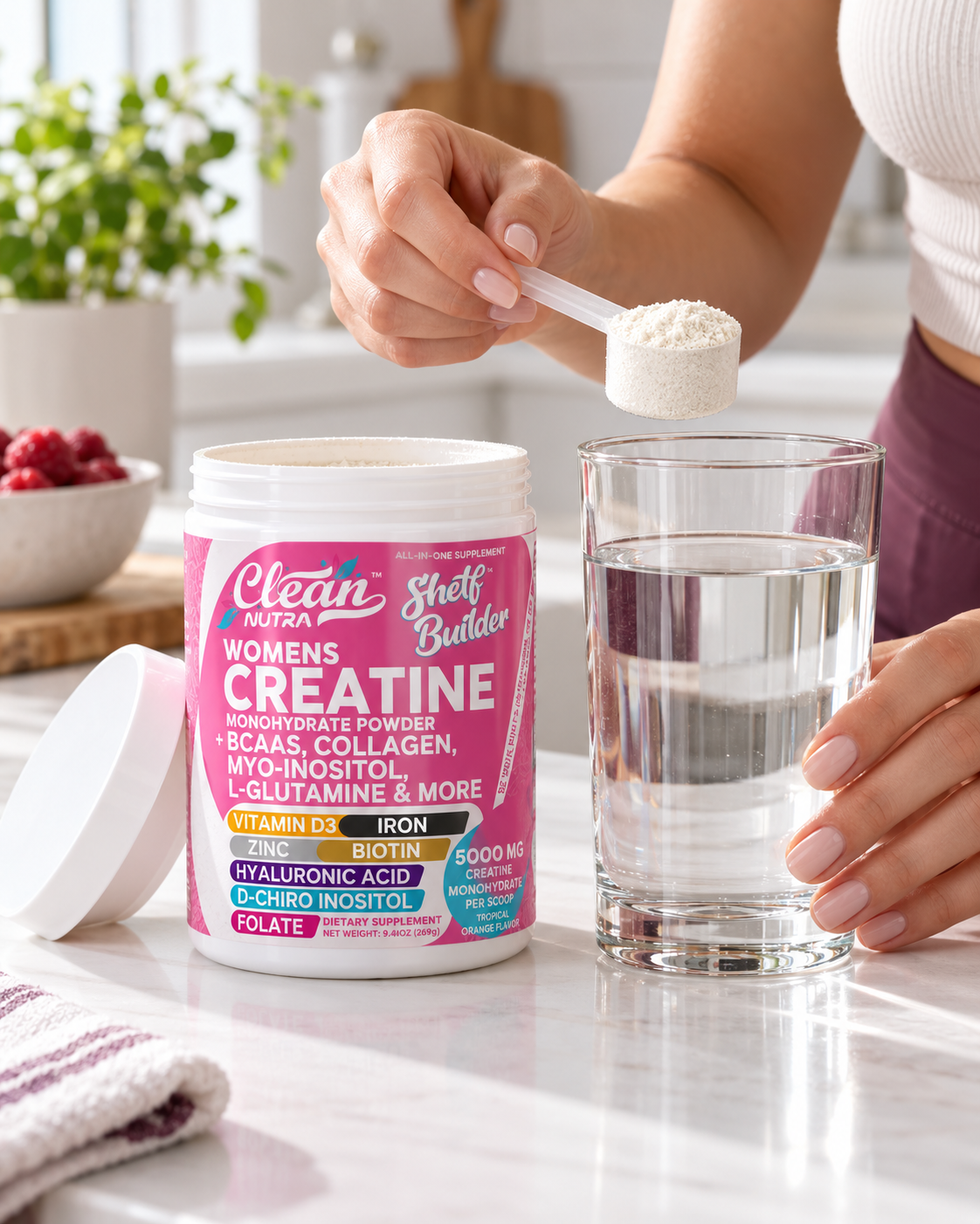 Una medida de Creatina Power Clean para preparar con agua