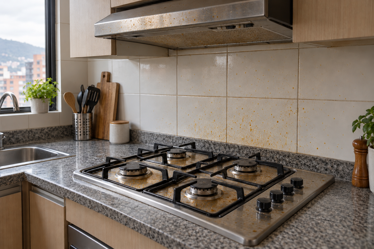 Cocina bogotana con grasa en estufa, azulejos y campana