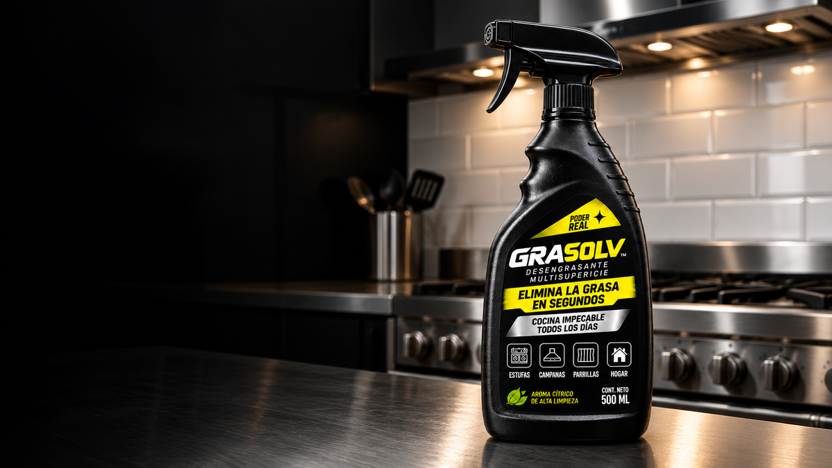 Tarro GRASOLV 500 ml sobre acero inoxidable con estufa, campana y azulejos al fondo