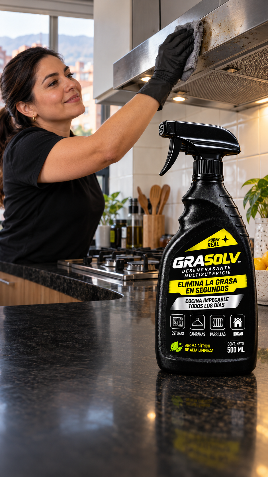 GRASOLV 500 ml completo en primer plano con una mujer limpiando una campana